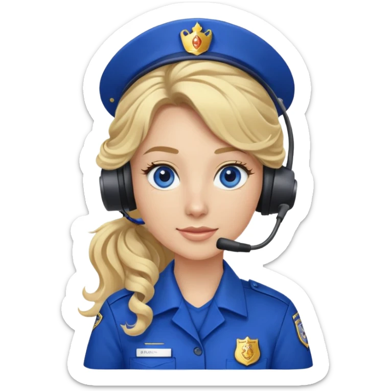 911 dispatcher wearing royal blue uniform with long blonde curly ponytail and blue/gray eyes sticker
