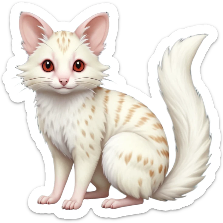 Albino-white, red-eyed soft natural realistic romantic vintage antique divine beautiful elegant pretty precious cute young youthful  Fakémon-Pokémon-opossum-feline-mouse-serval-caracal-chinchilla-Minccino-Cinccino-Meowstic-rodent-hybrid-creature with a big fluffy bushy tail (full body) sticker