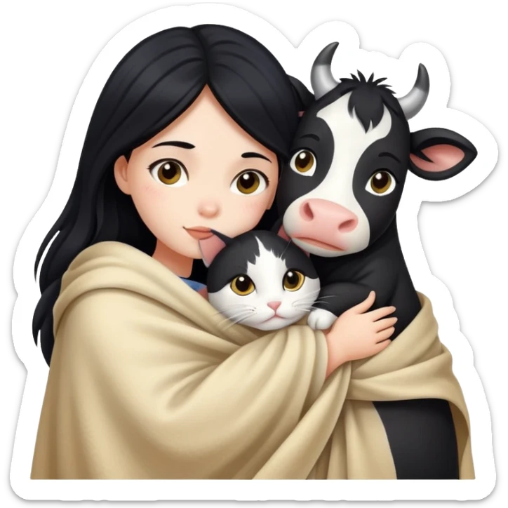 A girl with fair skin and long black hair wrapped in a blanket hugging a cow cat sticker