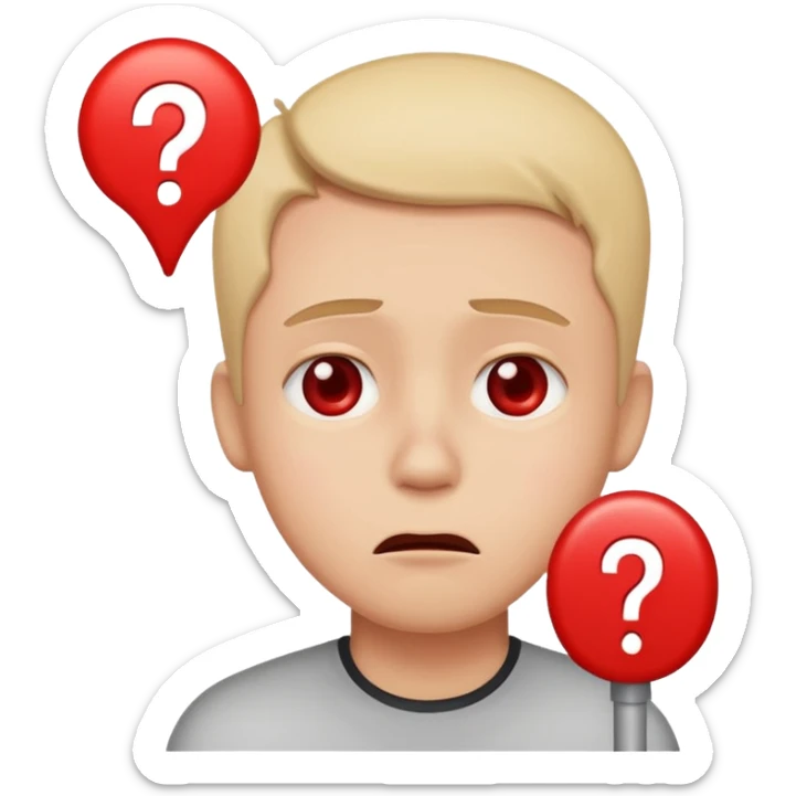 person with a worried face and a red exclamation mark, pain point concept, emoji style sticker