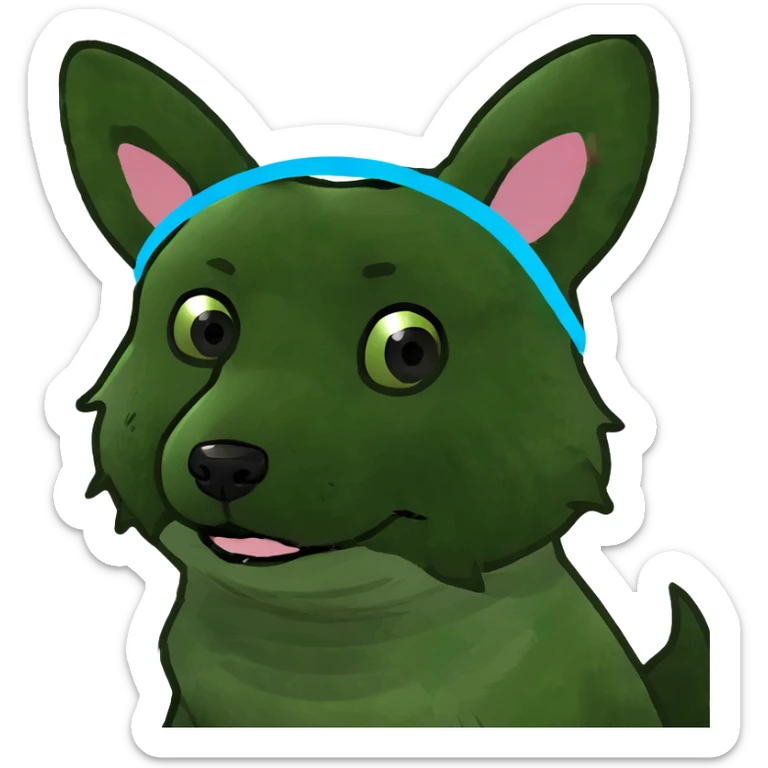 Blue eyed black and white pomsky wearing a headband that is bunny ears  sticker