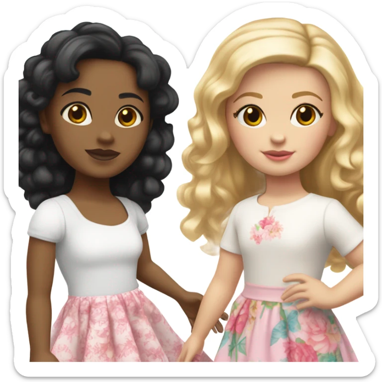  one  girl with short straight black hair and pale skin with white shirt and pink skirt on, one American girl with long curly dirty blond hair and a floral dress on.  Both are friends sticker