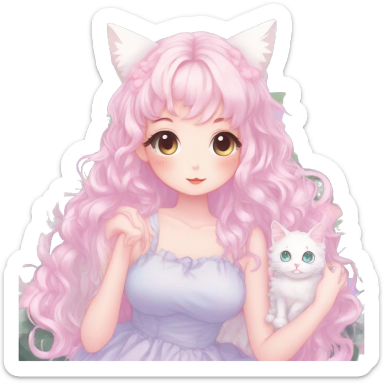 Gorgeous pastel anime style lady with blushing face and cat ears cottagecore fairycore pastelcore colorful pearly romantic simplistic aesthetic trending style full body sticker
