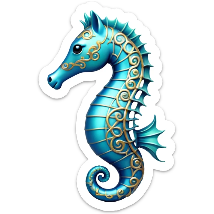 Cinematic Noble Sea Horse Portrait Emoji, Poised and elegant, with a delicate, upright body adorned with intricate, flowing patterns and a gracefully curled tail, with keen, expressive eyes, Simplified yet sharp and sophisticated features, highly detailed, glowing with a soft, aquatic luminescence, high shine, intelligent and refined, stylized with an air of ethereal marine grace, focused and poised, soft glowing outline, capturing the essence of a watchful and confident sea guardian that appears ready to drift out of the screen with effortless authority! sticker
