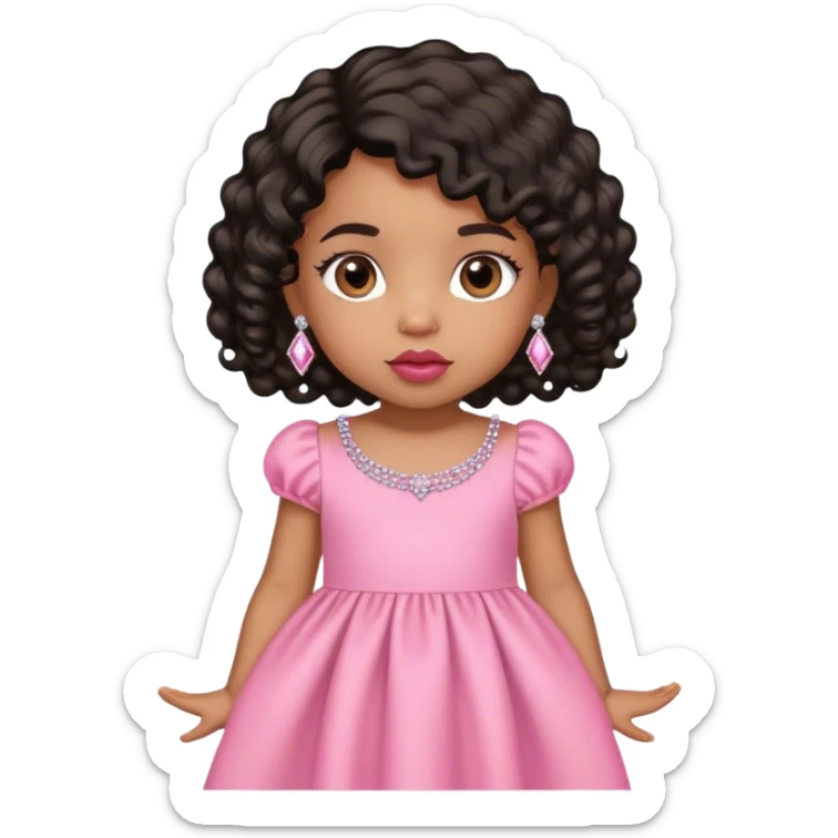 light brown skin tone, very adorable toddler, with big plump lips, long long lashes, black curly bob, brown eyes, pink dress, diamond stud earrings sticker