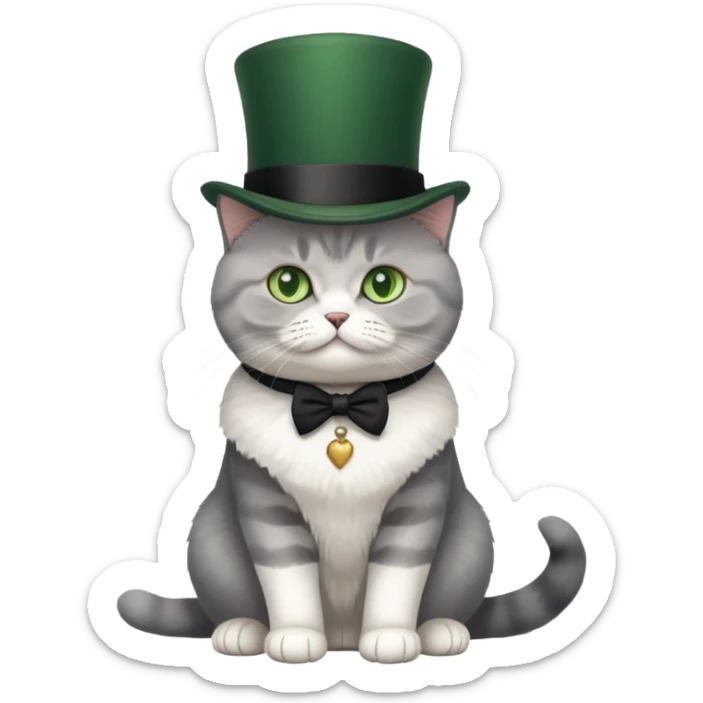 British Shorthair cat full body sitting with a top hat and green eyes sticker