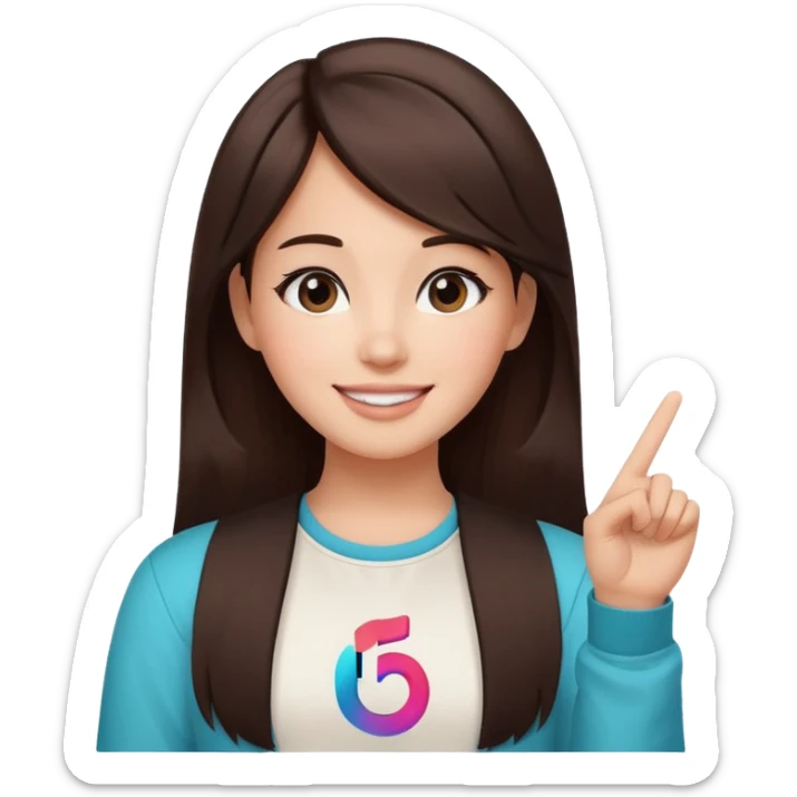 Girl with tiktok logo point up with one finger and dark brown hair sticker