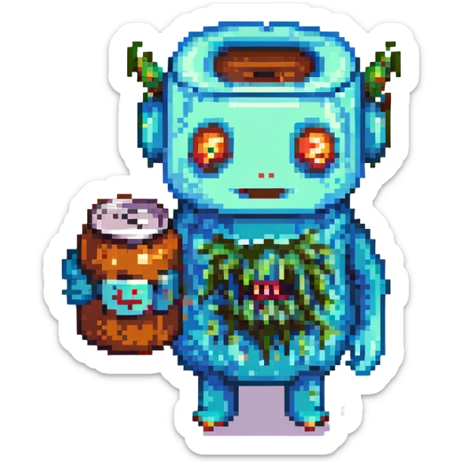 cartoon character strung out on Monster energy drink, wild eyes, jittery, holding a Monster can, pixel art style sticker