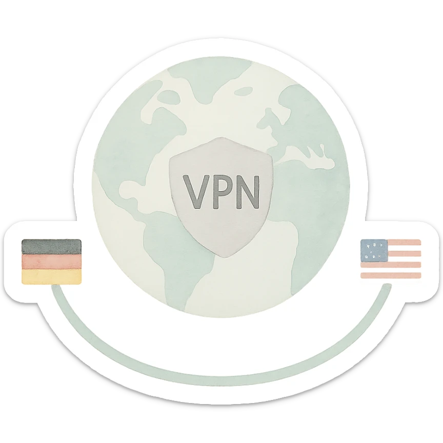VPN globe icon showing a connection from Germany to the USA, watercolor style, no text, suitable for Instagram Reel sticker