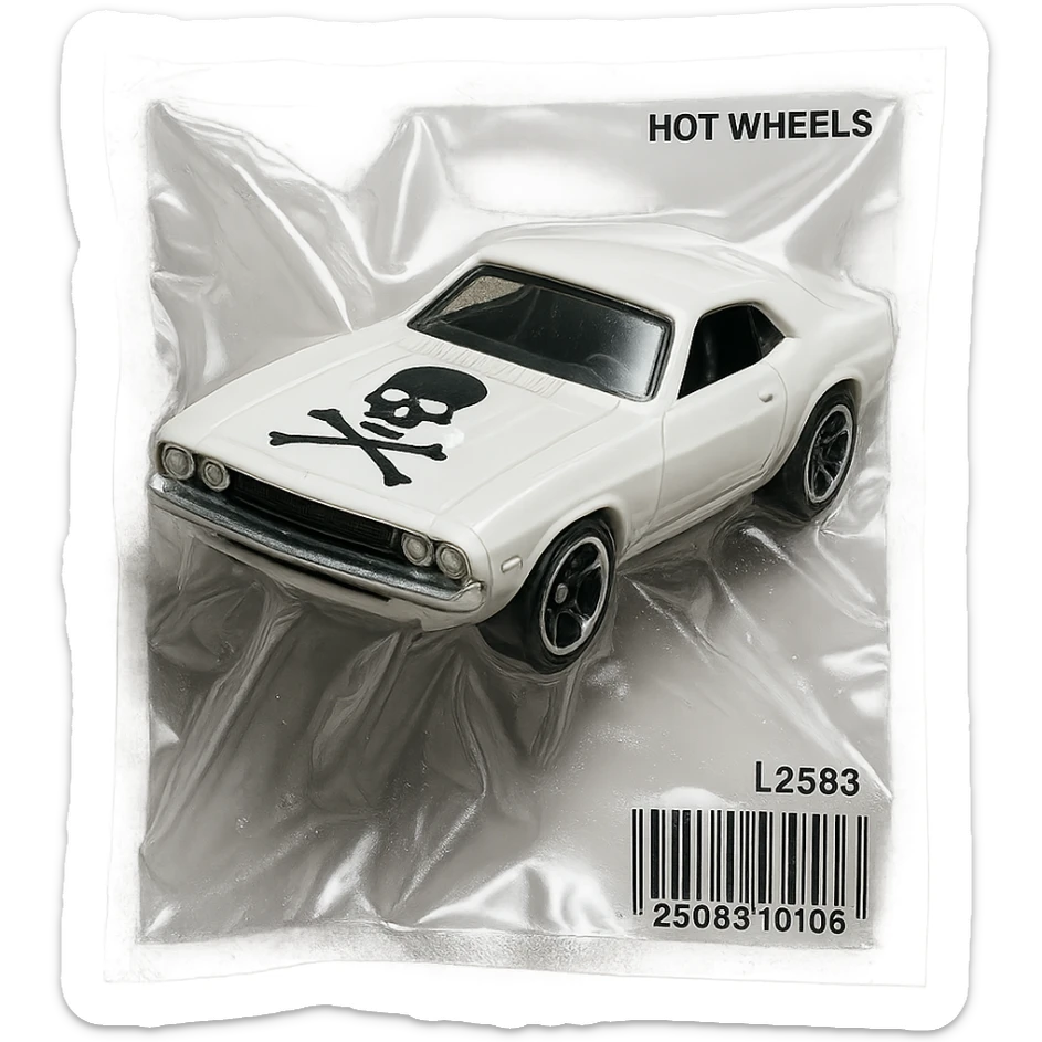 white 1971 Dodge Challenger Hot Wheels toy car, glossy and puffy, inspired by the movie 'Death Proof' sticker