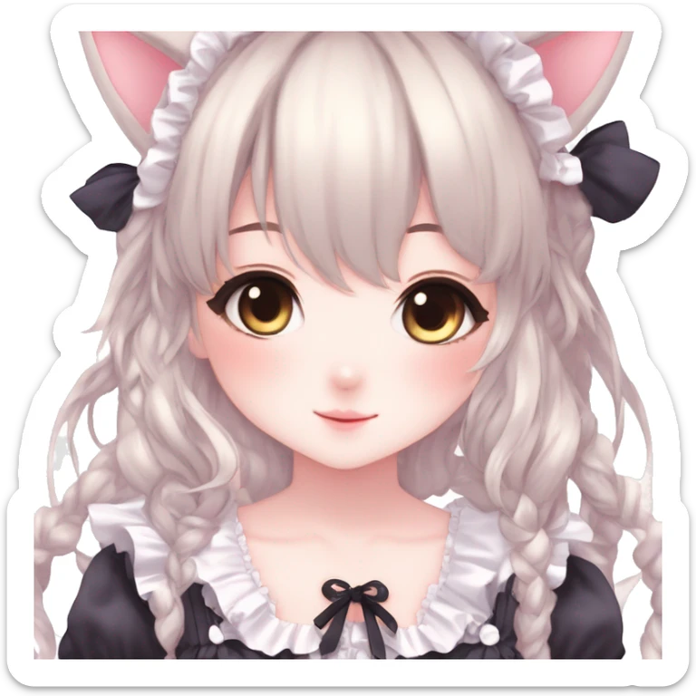 Gorgeous anime style catgirl with blushing face with maid outfit laces gothic Lolita idol model kawaiicore pastelcore cottagecore pearly petite simplistic aesthetic trending style sticker