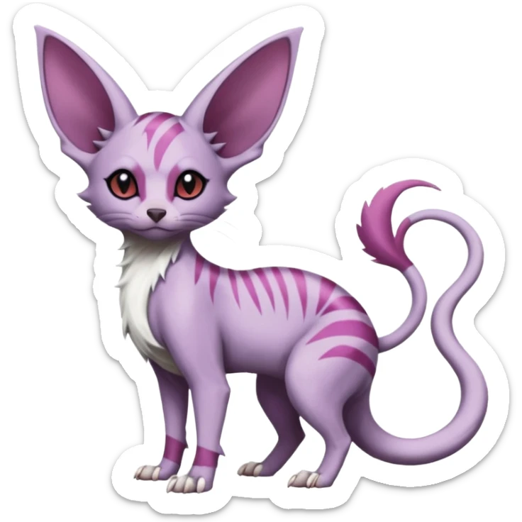 Furry, Purple, white, black, Minccino-Sphynx-Lykoi-Linoone-Zangoose-fusion-hybrid-animal-Fakémon-creature, full body, thin long sleek scaly tail, intricate markings sticker