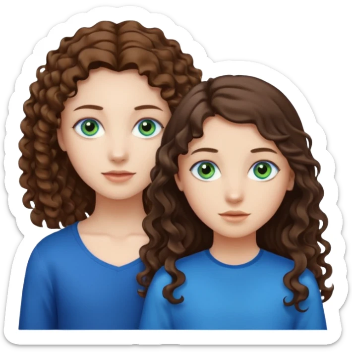 Two girls brunette one with straight long hair and blue eyes one with curly hair middle length and green eyes and the other a boy lighter brown with blue eyes sticker