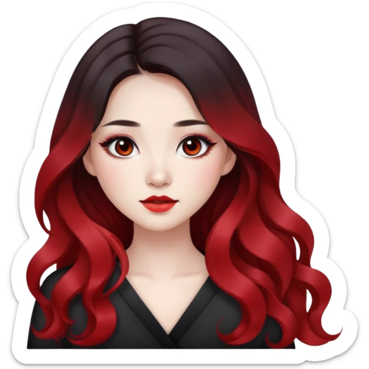 black ombre to red long wavy hair, pretty bratz baddie, pale skin, dark brown eyes, asian pretty bratz baddie sticker