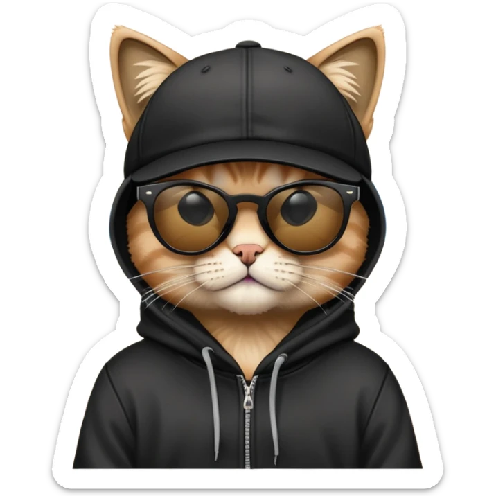 cat wearing a black snapback cap, black hoodie, and black sunglasses low on his nose that he is peering over, doing graffiti art with spray paint, street art style sticker