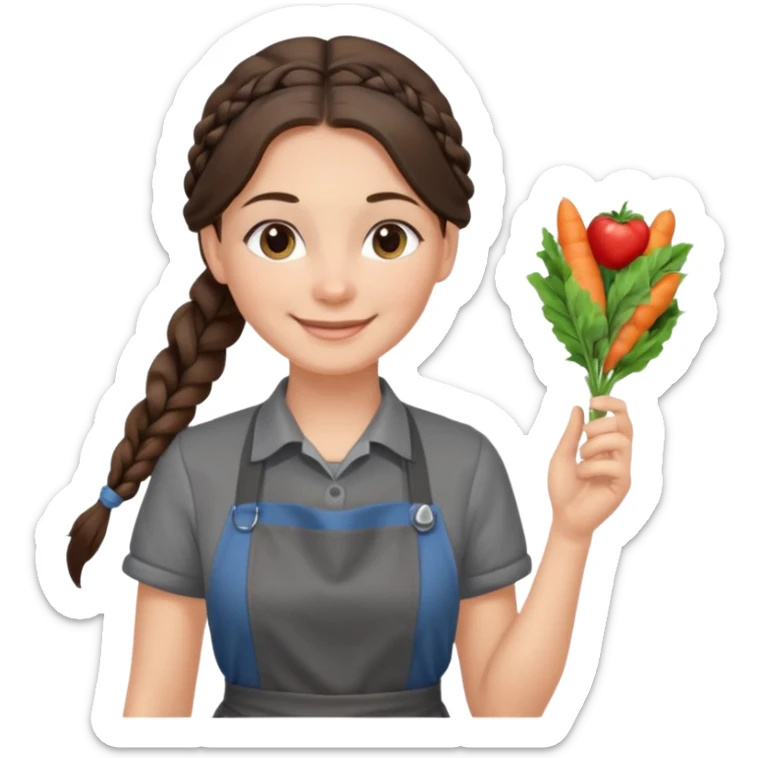 Брюнетка официантка с длинными волосами в косе улыбается ф сером фартуке и черной футболке sticker