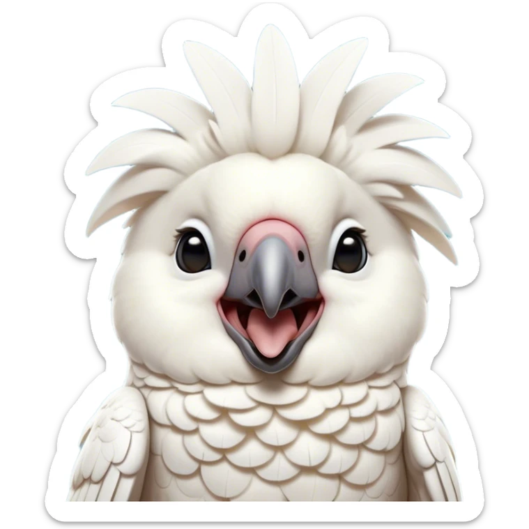 Cinematic Cute Yawning Cockatoo Portrait Emoji, Head tilted slightly with a dramatic, wide-open yawn, showcasing a plump, feathered body with a softly drooping crest and sleepy, half-closed eyes, Simplified yet irresistibly adorable features, highly detailed, glowing with a soft, cozy tropical glow, high shine, relaxed yet expressive, stylized with a dash of whimsical avian charm, soft glowing outline, capturing the essence of a drowsy yet affectionate cockatoo that appears ready to stretch out and yawn its way off the screen! sticker
