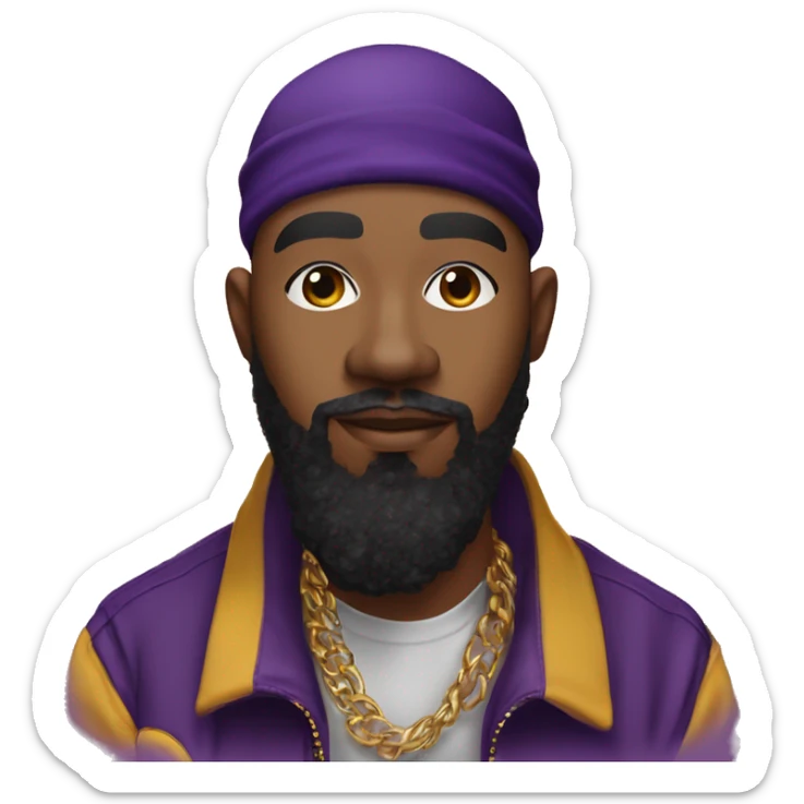 Omega psi phi man wearing a purple and gold letter man jacket a black durag in his head brown skinned black full beard and attractive diamond nose ring on nose  sticker