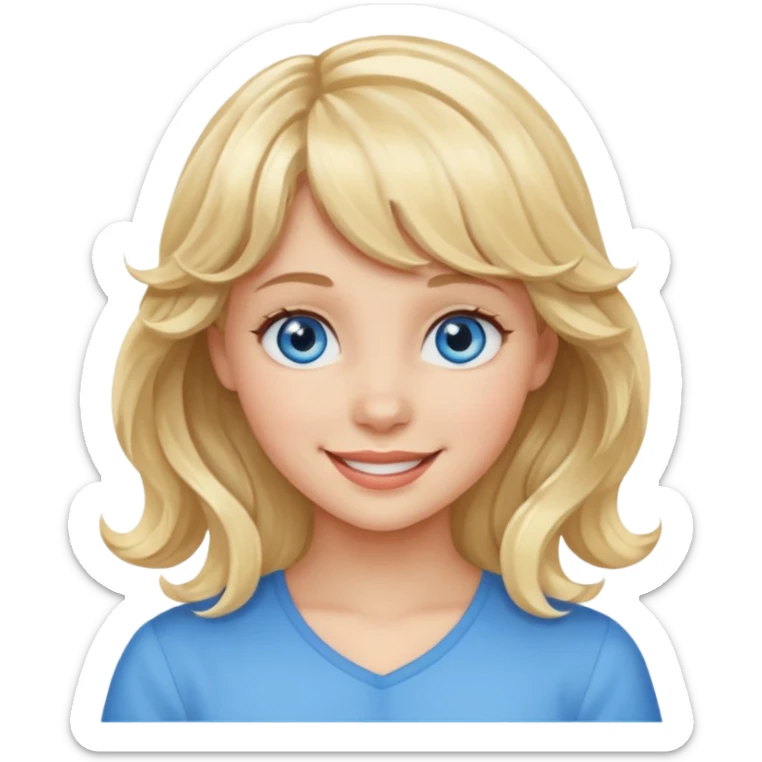 Please generate an image of a girl. She has blue eyes, blonde, wavy hair with bangs, and is smiling. sticker