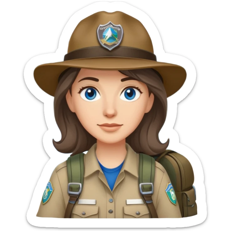 white woman park ranger with gray and brown hair, blue eyes, wearing a backpack sticker