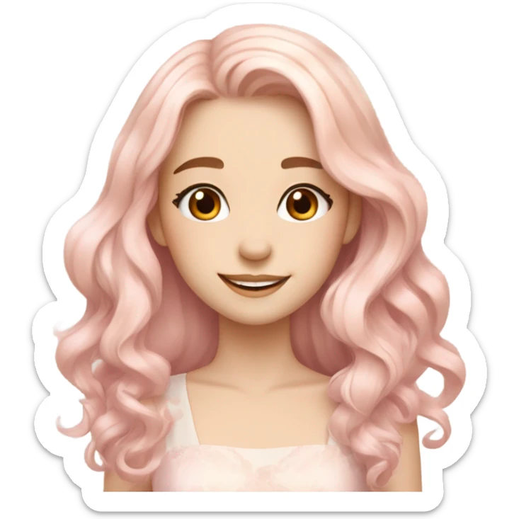 Pretty girl with long wavy light peachy pastel pink hair, pale skin, brown doe eyes, light makeup, smiling gently, beautiful, dress sticker
