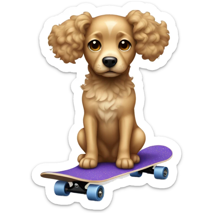 dog with light tan curly short fur, very very long ears down. dark brown eyes, mouth closed. on a skateboard sticker