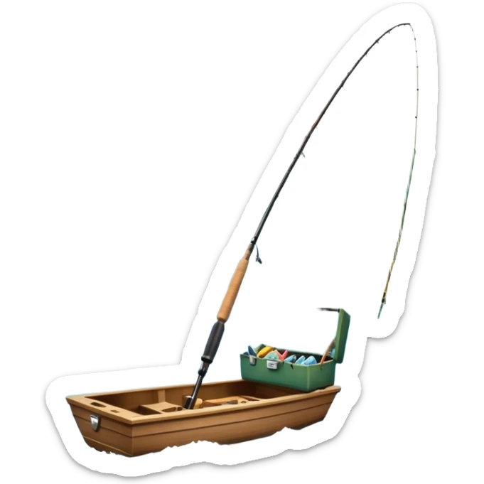 Icon for Fishing Travel: a boat on a calm lake surrounded by mountains and lush greenery, with fish jumping out of the water, a fishing rod, tackle box. The icon should capture the peaceful and adventurous nature of fishing trips. Transparent background. sticker