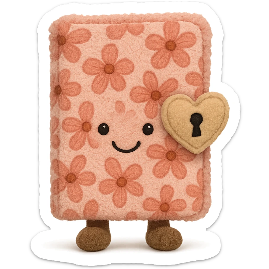 Pink Floral journal with a heart-shaped lock as a kawaii plushie, jellycat style  sticker