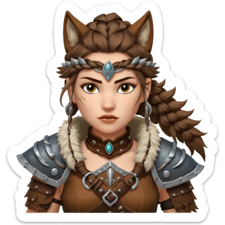 barbarian woman wolf rider portrait, head and shoulders only, fierce female warrior, fur-lined barbarian armor collar, wolf fur details, wild braided hair, intense eyes, tribal warrior vibe, fantasy style, 3D cartoon, mobile game icon style, clean background, no text, no watermark
 sticker