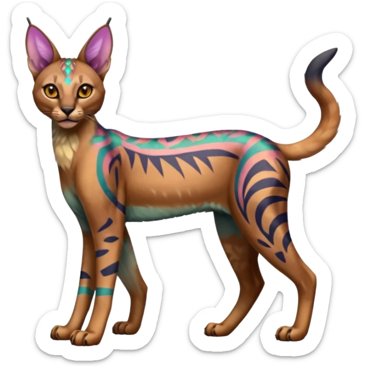 A Colorful iridescent exotic tropical tribal cute happy realistic elegant esoteric patterned dark caracal-Lykoi-bobcat-sphynx-genet-serval-Fakémon-hybrid-fusion-animal-creature, full body, 4-legged sticker