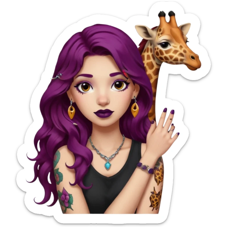 girl with long wavy plum color hair, giraffe tattoo on arm, dark lipstick, piercings sticker