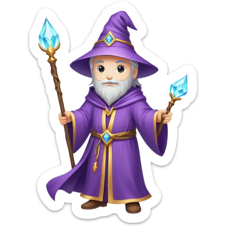 Clash of Clans aesthetic: Cinematic heroic powerful Wizard Hero Emoji, rendered in a 3D vector-style similar to standard emojis with minimal shading and bold, simplified shapes. A compact, isometric figure draped in flowing enchanted robes and wielding a mystical staff, softly glowing with an arcane magical charm. Simplified yet unmistakably iconic, highly detailed and consistent, glowing with a soft radiant glow and high shine. Stylized with a touch of whimsical sorcery and a soft glowing outline, capturing the essence of a powerful wizard ready to cast spells with a friendly, playful spirit! sticker