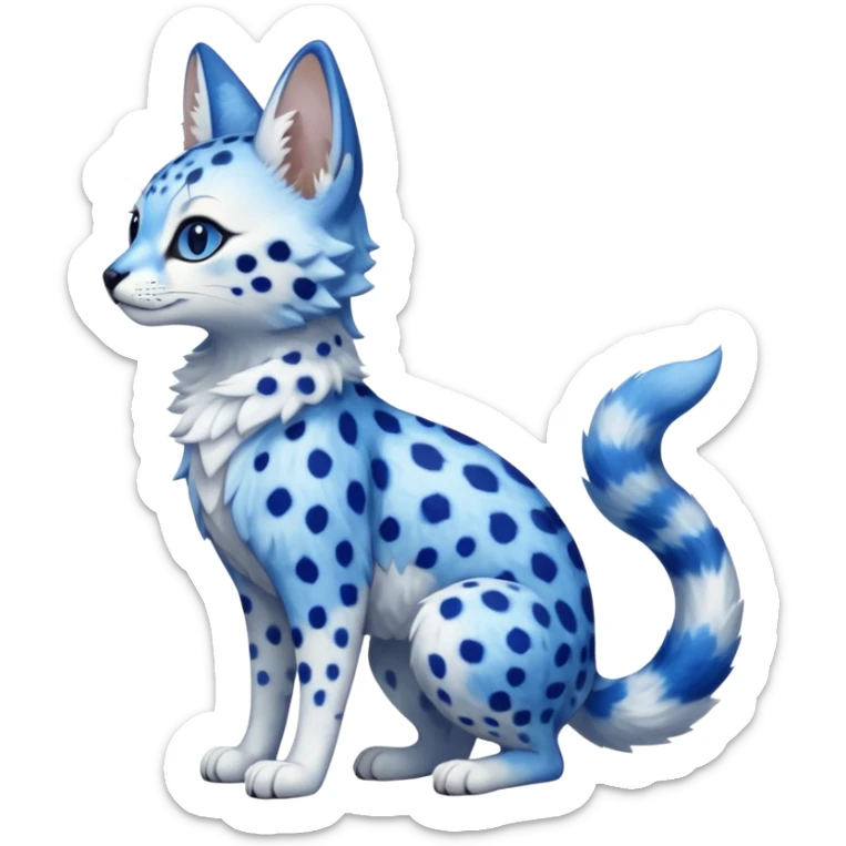 Cute, realistic, furry, big-eyed Cobalt-blue, sapphire-blue-spotted, white-bellied, exotic Serval-sergal-Trico-fusion-animal-hybrid, with a gradient sky-blue fur coat sticker