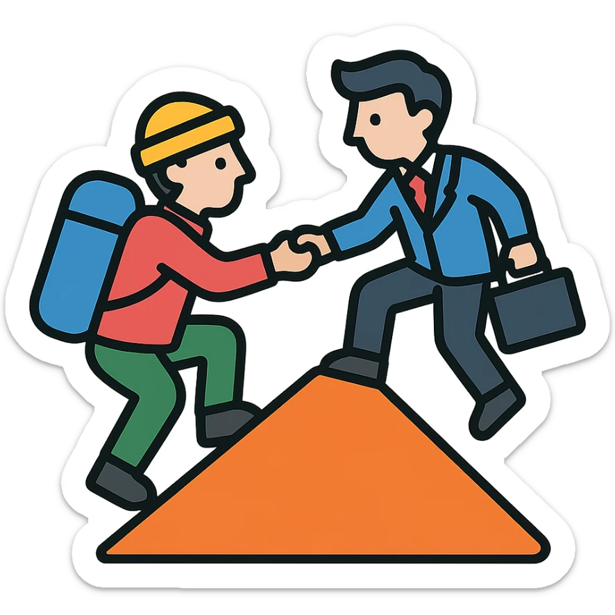color outline icon of a sherpa helping a businessperson climb sticker