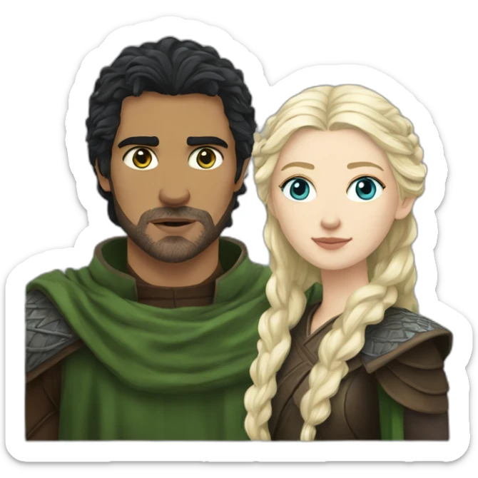 black haired blue eyed woman with blond haired green eyed man from game of thrones sticker