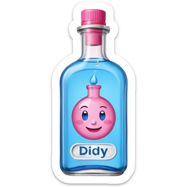 Smiling bottle of oil blue top pink outside with logo that says diddy oil sticker