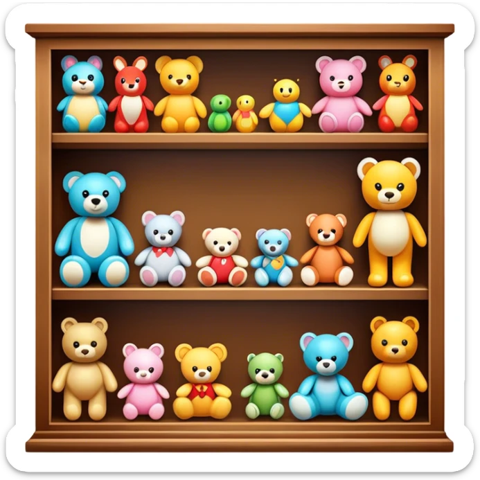 Icon for Toy Collecting: a collection of various vintage toys such as dolls, action figures, and plush animals, displayed neatly on shelves or in display cases. The icon should evoke the joy and nostalgia of collecting toys. Transparent background. sticker