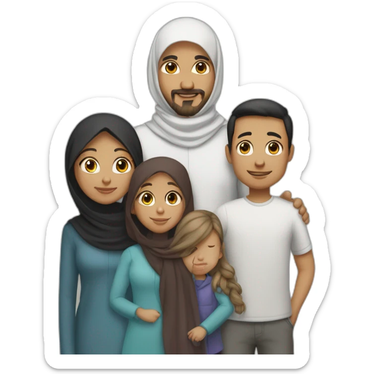 Family of four people: a mother who is the only person wearing a hijab, a father who has dark hair, a young little girl with dark hair, and a young little boy with dark hair, light brown skin sticker