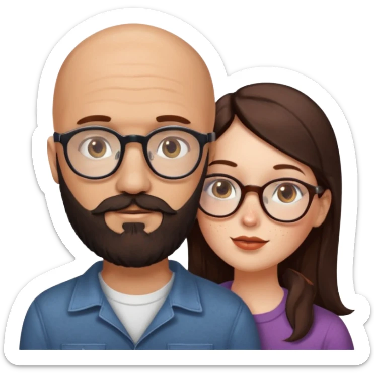 Couple. Bald man with dark brown-black beard. White woman with many small, faded freckles, she has white skin and she has auburn-brown-cinnamon, dark long hair. She has light brown eyes. The man have hazel eyes and the man wear glass. She have light eyes. Retro style. She kisses him. sticker