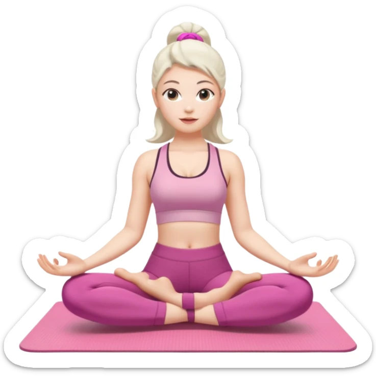 pretty woman, age 20, with white skin, performing yoga poses on a pink yoga mat, iPhone memoji style sticker