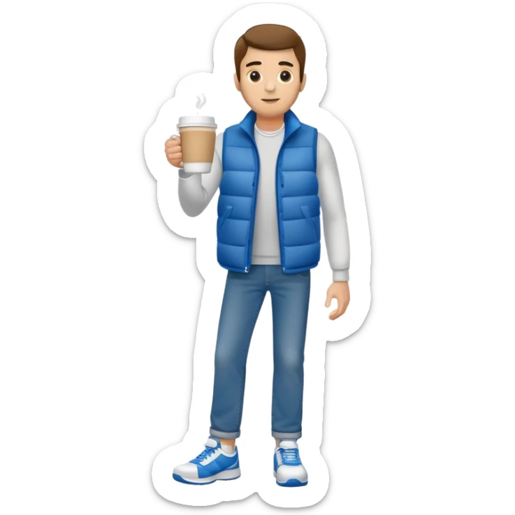 full body man with plain puffy vest with no pockets over long sleeved shirt wearing straight blue jeans and tennis shoes holding coffee mug in his had sticker