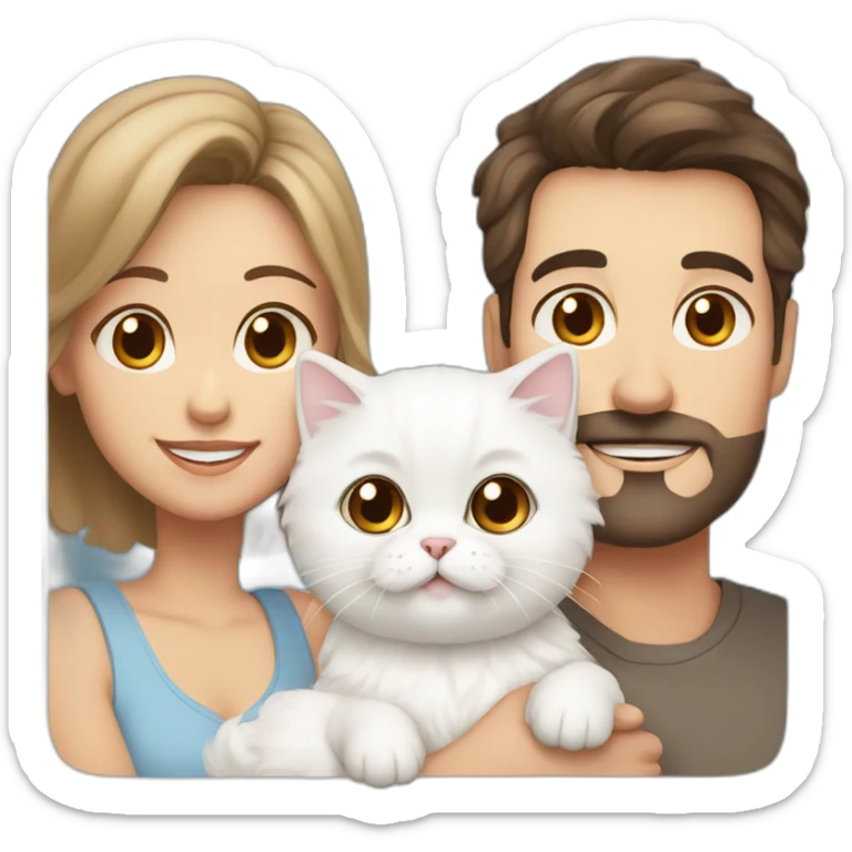 Family with dad with brown eyes and short dark hair, mother with blue eyes and brown wavy hair, baby, white Persian cat sticker