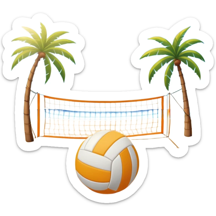 The scene captures an orange sand, sunny sea beach with clear blue sea and sky, palm trees swaying. A volleyball resting on the orange sand ground of a beach, with a volleyball net in the background.  sticker