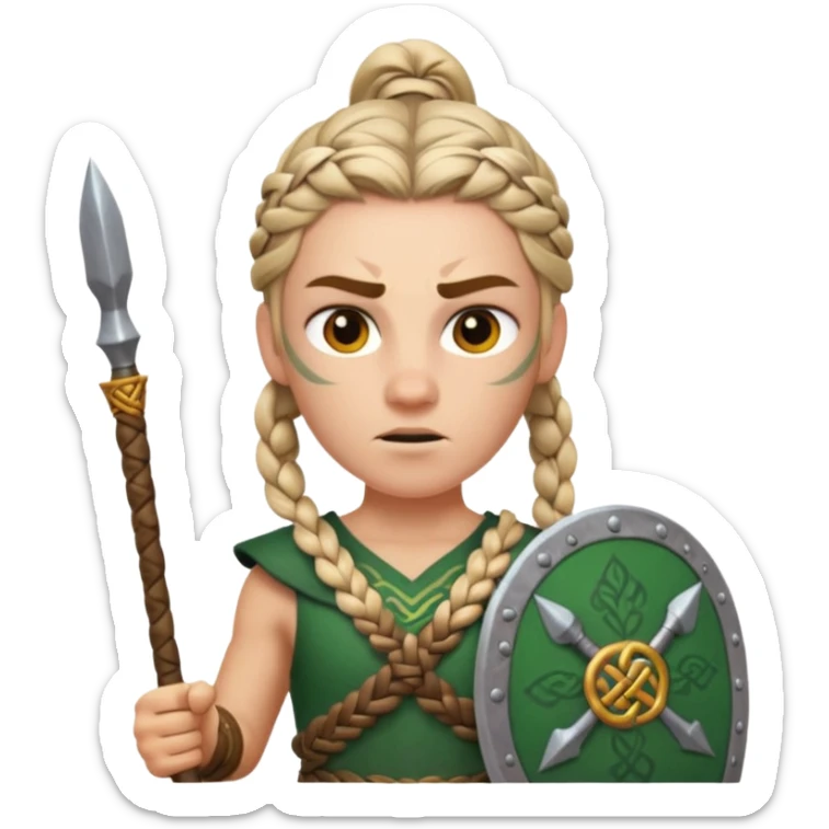 Emoji portrait of a Celtic warrior. Braided hair, fierce expression, holding a spear. sticker