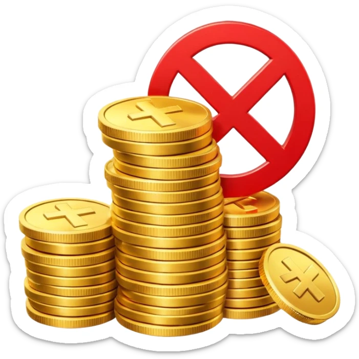 A stack of shiny gold coins without any symbols on top, crossed by a red prohibition sign (no symbol). Apple Emoji style, 3D look, soft reflections, clean white background, high-quality rendering, realistic lighting and shadow, smooth gradients, no text or logo. sticker
