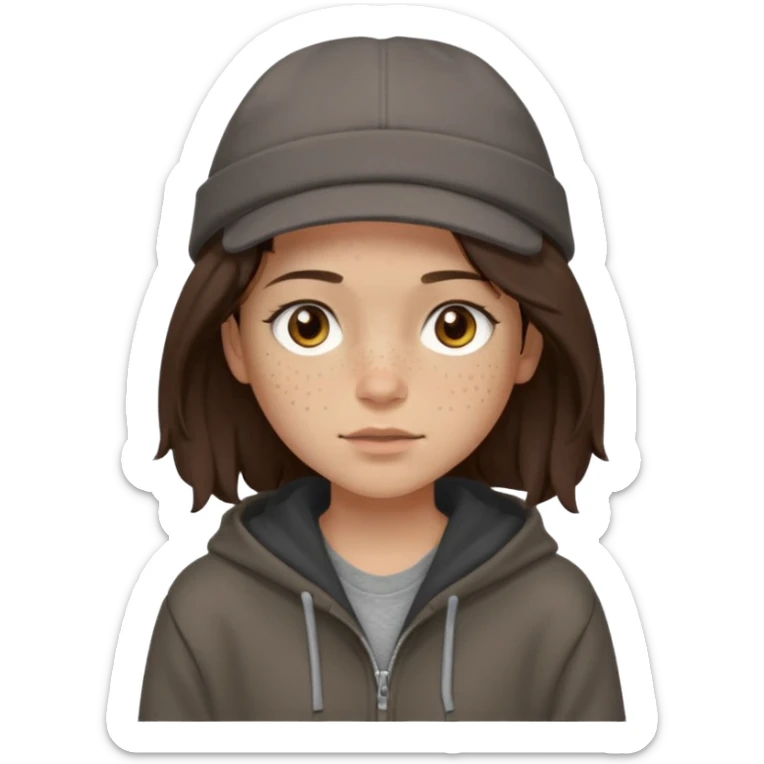 Hobo tomboy with light skin, freckles, shoulder-length center-parted dark brown hair. brown eyes, dark dull brown hoodie, grey shirt. Bolero hat sticker