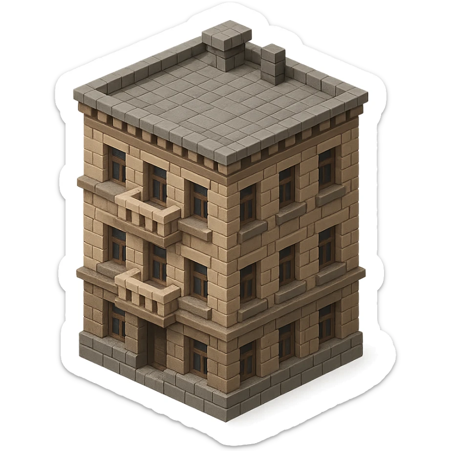 old Saint Petersburg building in voxel style, gray-brown palette, detailed cornices and balconies, isometric view sticker