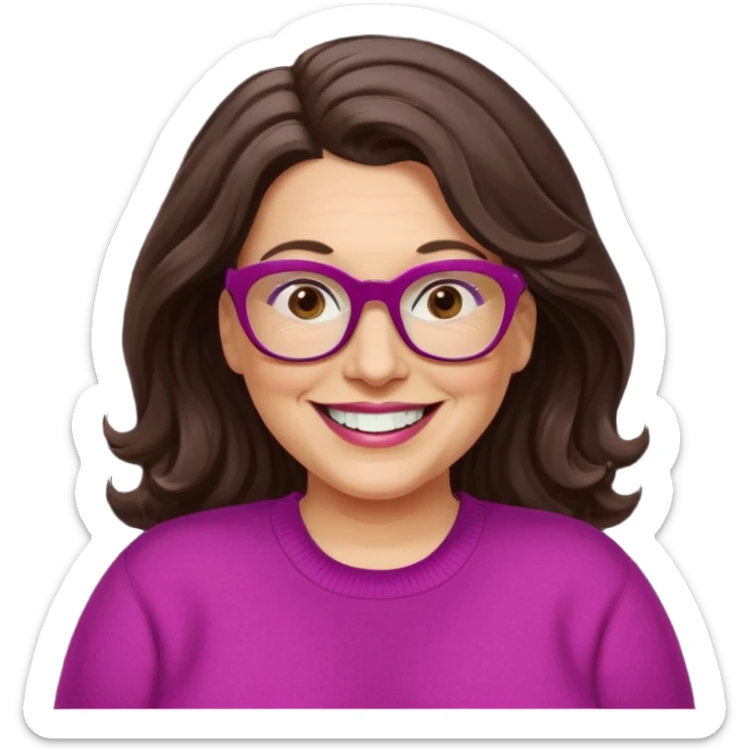 50 yr Caucasian woman, long dark brown hair parted on side, brown eyes, brown glasses, big smile, white teeth, fuscia sweater, chubby, wavy hair sticker