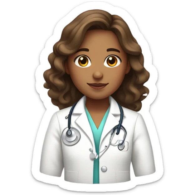 A brunette wavy hair girl with tan skin wearing a white medical coat and a pink stethoscope sticker