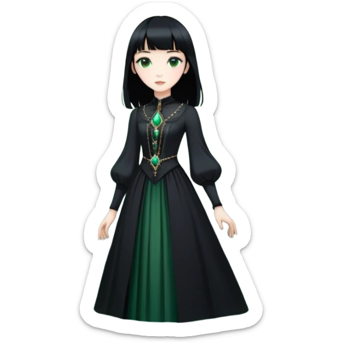young woman, russian white skin, slender, she enter new worlds and creates utopia in them to make evryone trully happy. Make all they wishes comes true and ends suffering. Her goddes avatar looks like a girl with straing black hair with bangs, pale skin, green eyes, big black victorian dress. She travel across the multiverse on her black obsidian floating castle. She is very kind and calm. sticker